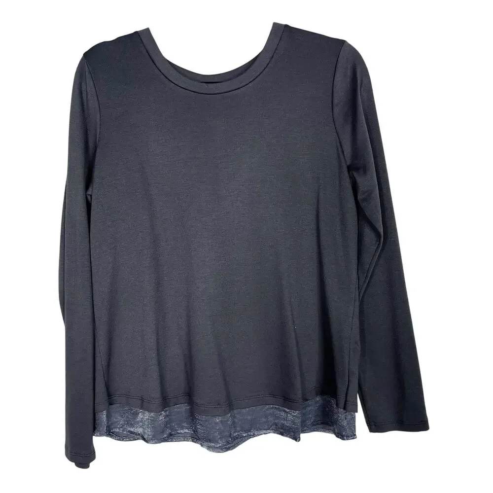 Bobeau Gray Blue MP Tie Open Back Long Sleeve Top Medium Petite Crew Neck